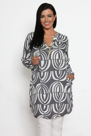 Model is wearing Via Appia abstract print tunic in silver grey and white for Froxx Clothing plus sizes